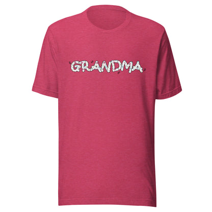 Heather raspberry short sleeve unisex t-shirt that says Grandma on the front written in cute font with flowers inside each letter. 