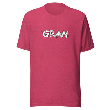 Heather raspberry short sleeve unisex t-shirt that says Gran on the front written in cute font with flowers inside each letter. 