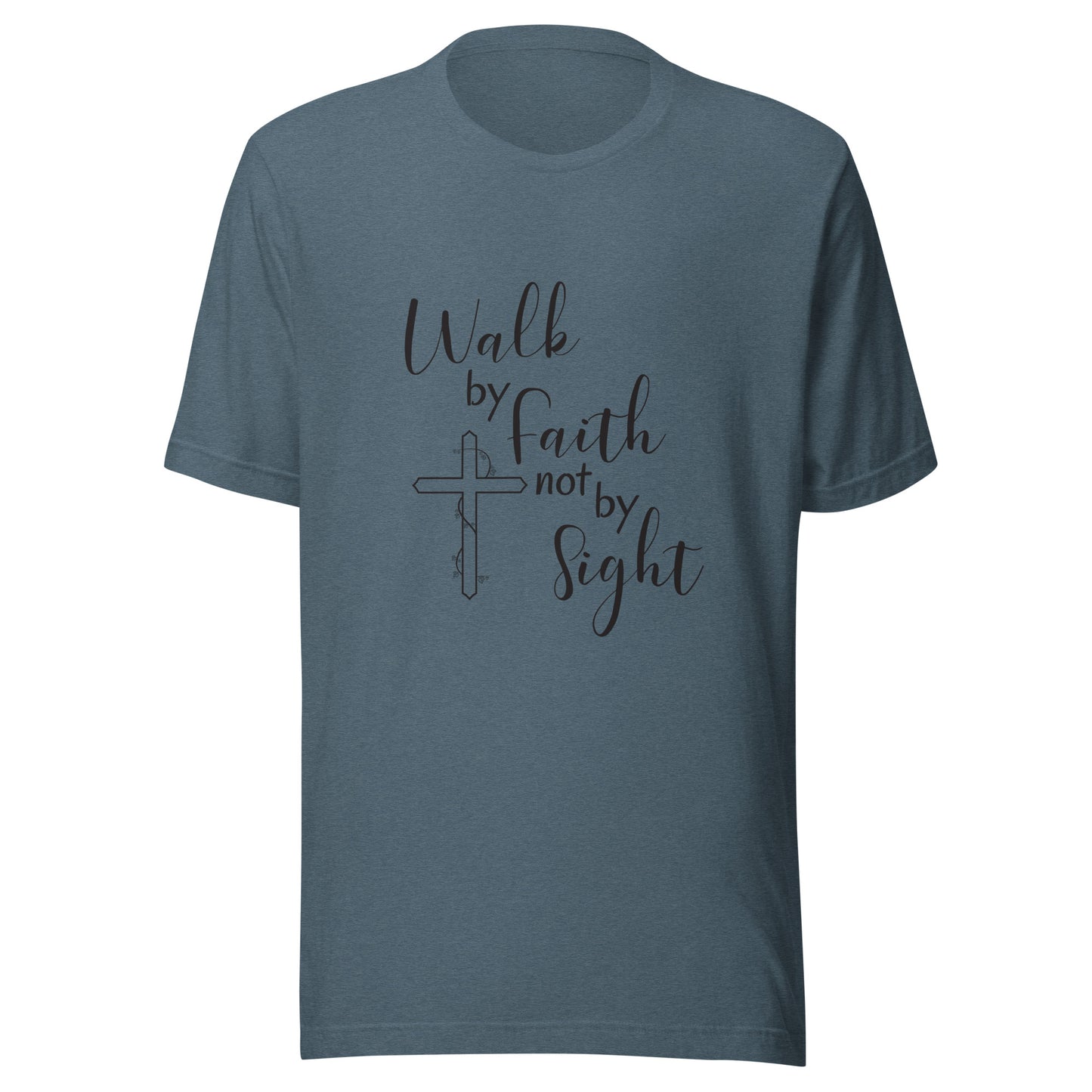 Heather slate blue unisex short sleeve t-shirt that says Walk by faith not by sight and has a cross with ivy. 
