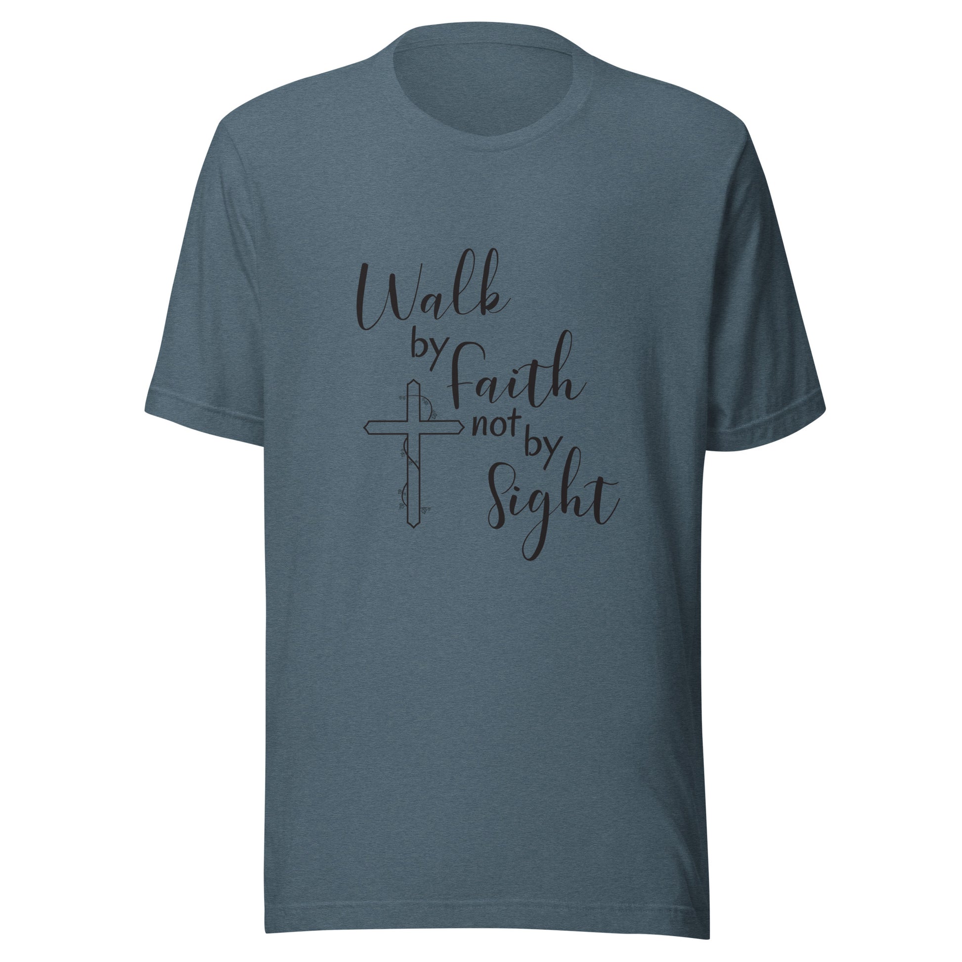 Heather slate blue unisex short sleeve t-shirt that says Walk by faith not by sight and has a cross with ivy. 