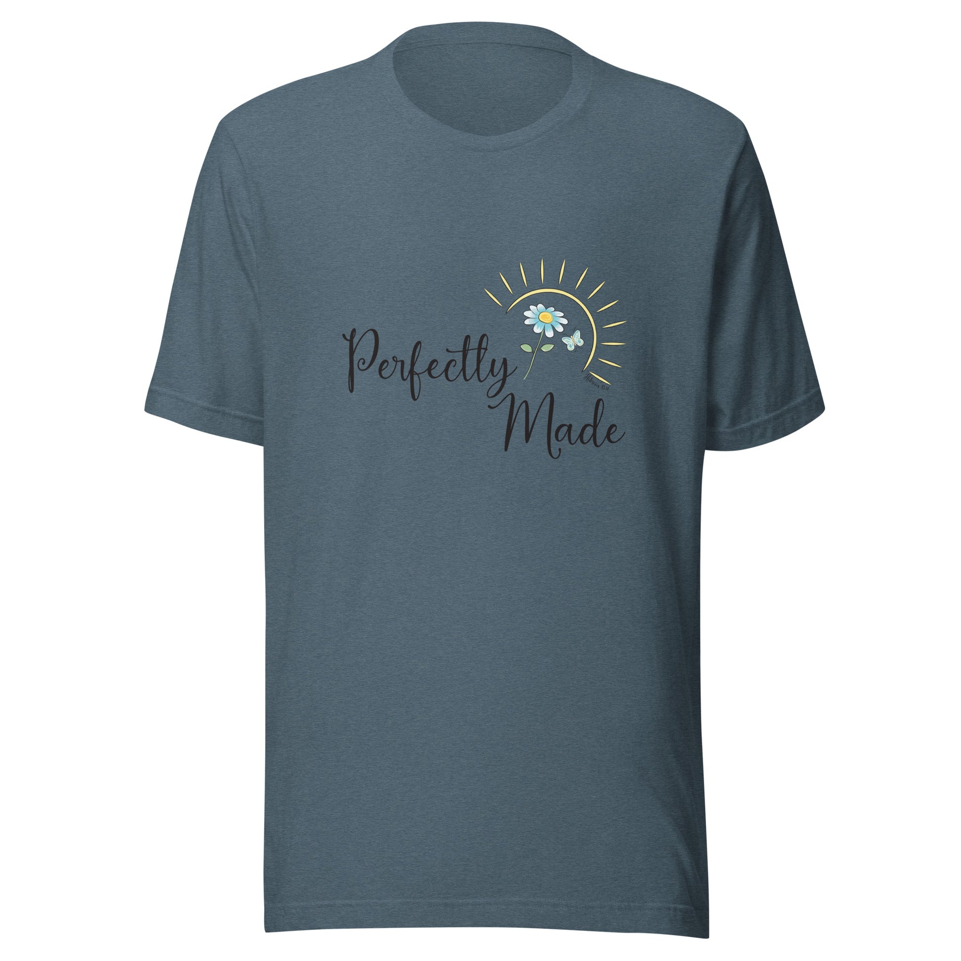 Heather slate blue unisex short sleeve t-shirt that says Perfectly Made with a flower butterfly and sun.