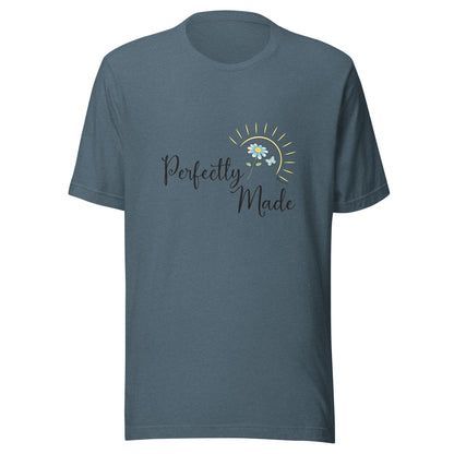 Heather slate blue unisex short sleeve t-shirt that says Perfectly Made with a flower butterfly and sun.
