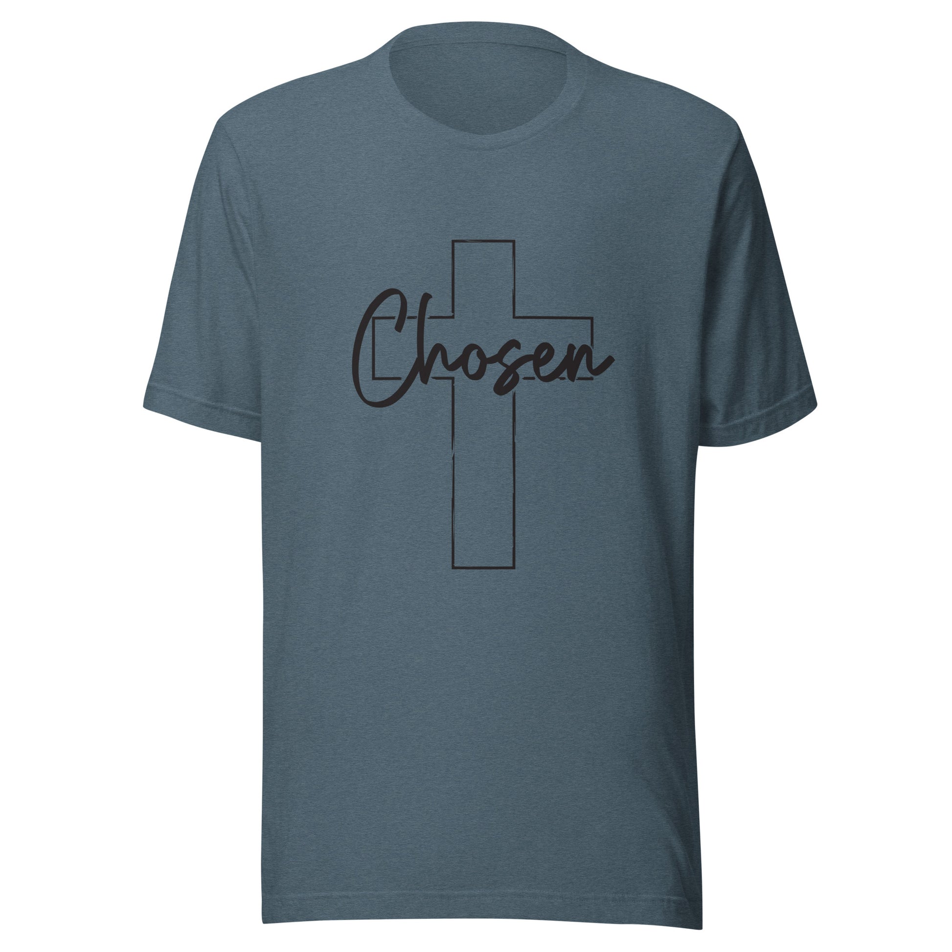 Heather slate blue unisex short sleeve t-shirt that has a Christian cross and has the word chosen acrossed it. 