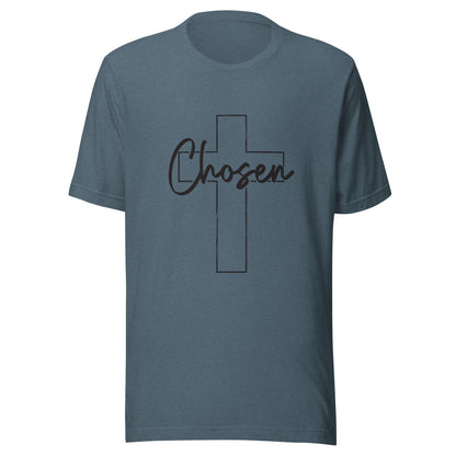 Heather slate blue unisex short sleeve t-shirt that has a Christian cross and has the word chosen acrossed it. 