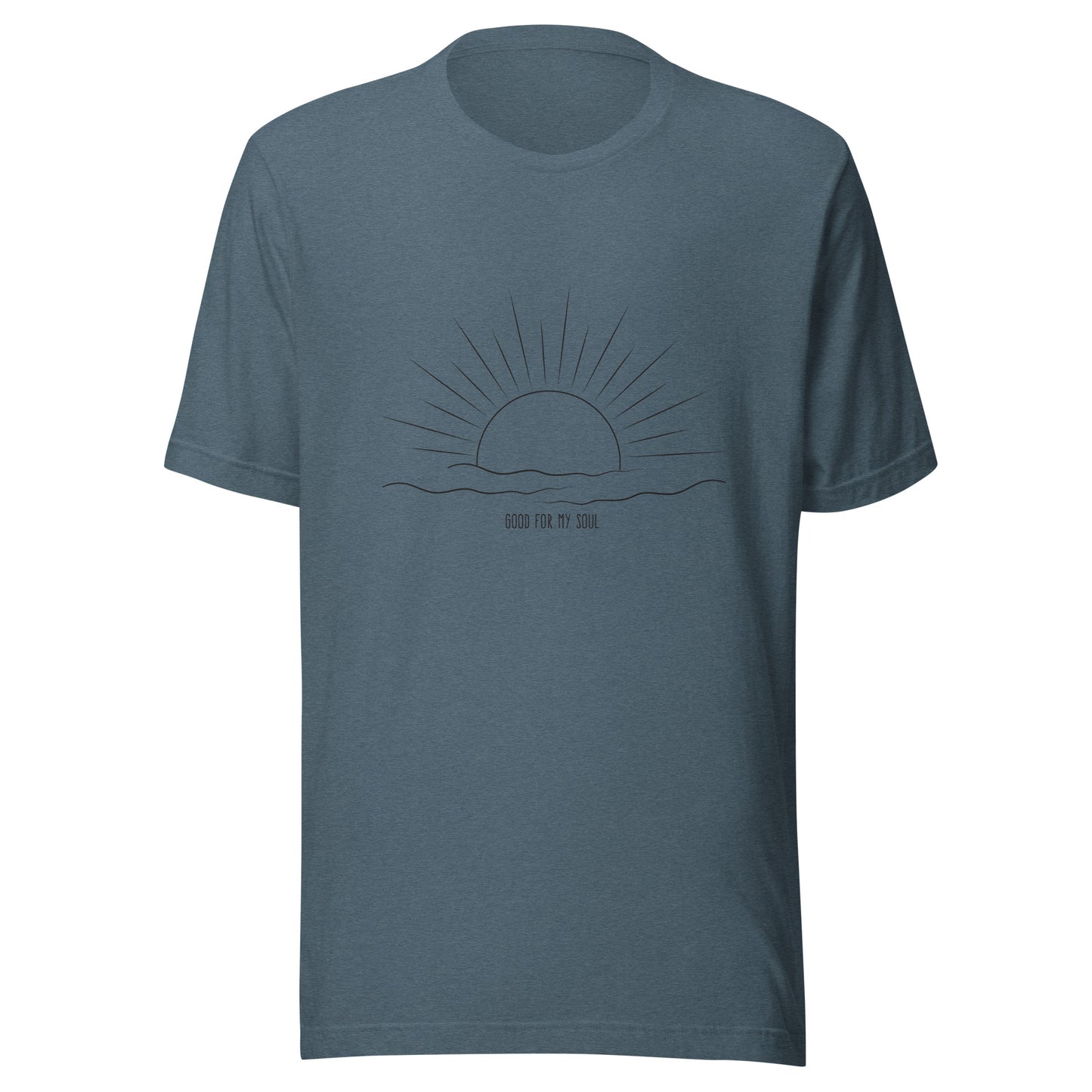 Heather slate blue unisex short sleeve t-shirt that states 'Good for my soul' with a sunsetting above the words all in black color.