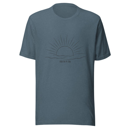 Heather slate blue unisex short sleeve t-shirt that states 'Good for my soul' with a sunsetting above the words all in black color.