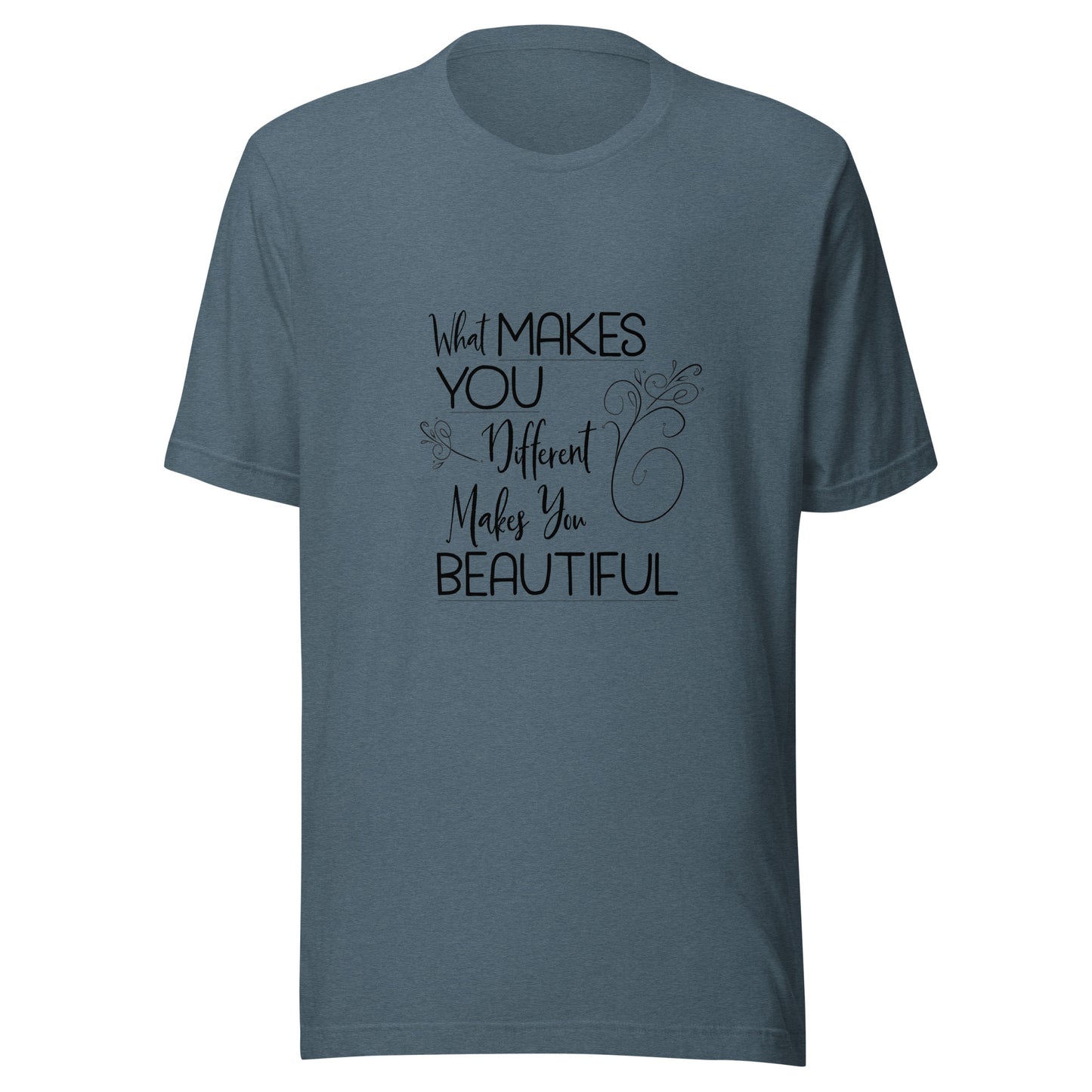 Heather slate blue unisex short sleeve t-shirt that states 'What makes you different makes you beautiful'.