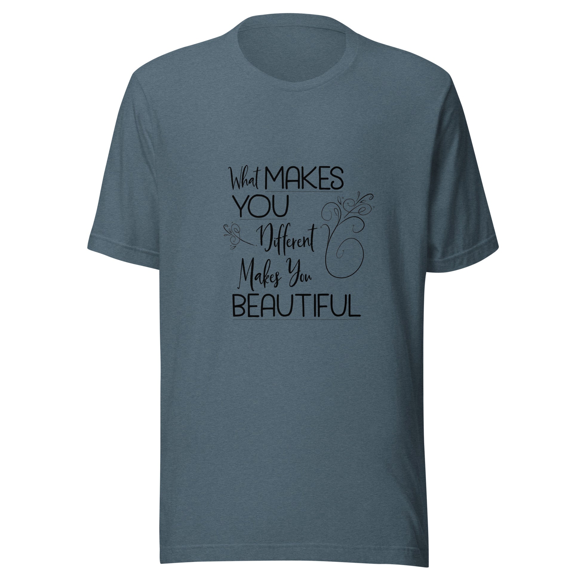 Heather slate blue unisex short sleeve t-shirt that states 'What makes you different makes you beautiful'.
