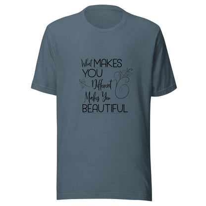 Heather slate blue unisex short sleeve t-shirt that states 'What makes you different makes you beautiful'.