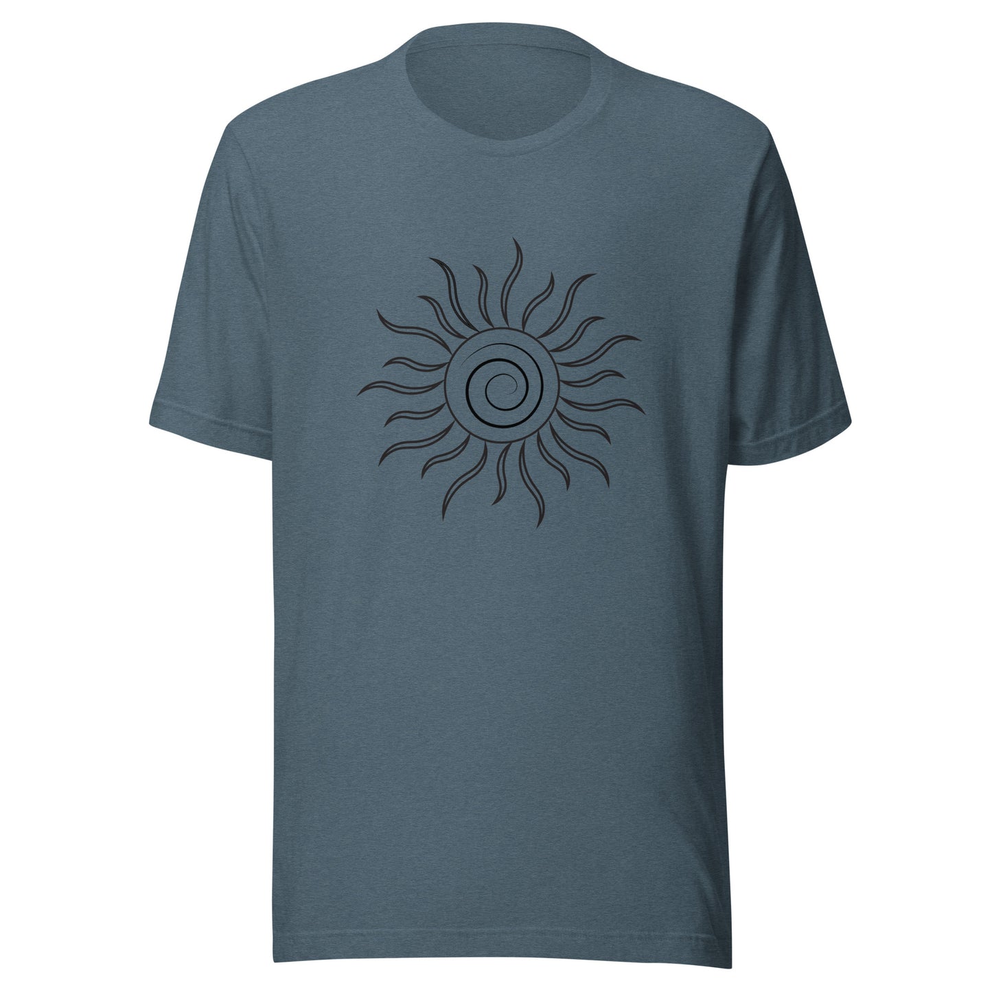 Heather slate blue unisex short sleeve t-shirt with spiral sun and black fiery looking rays all black ink.