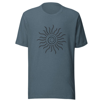 Heather slate blue unisex short sleeve t-shirt with spiral sun and black fiery looking rays all black ink.