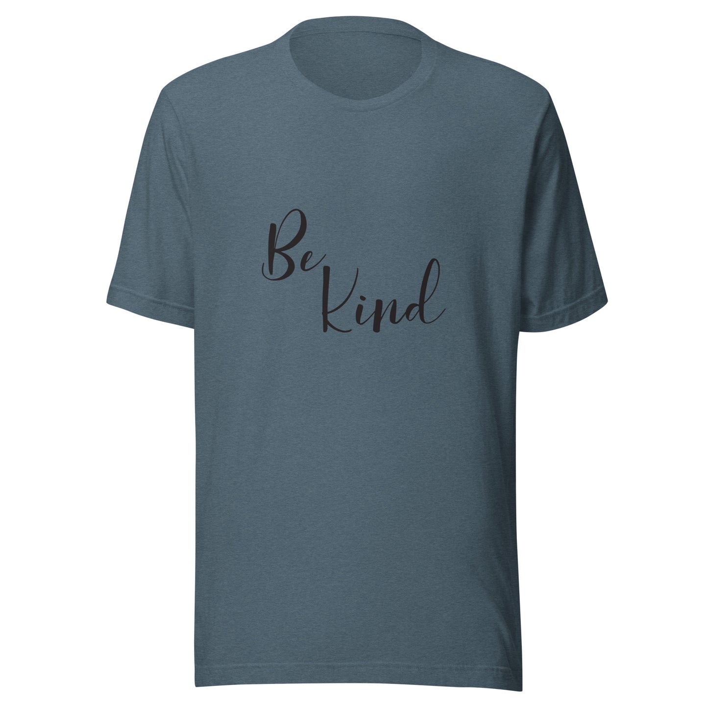 Heather slate blue unisex short sleeve t-shirt that says 'Be Kind'.