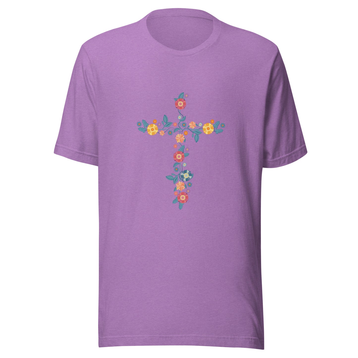 Heather purple unisex short sleeve t-shirt that has a multi-colored delicate floral cross.