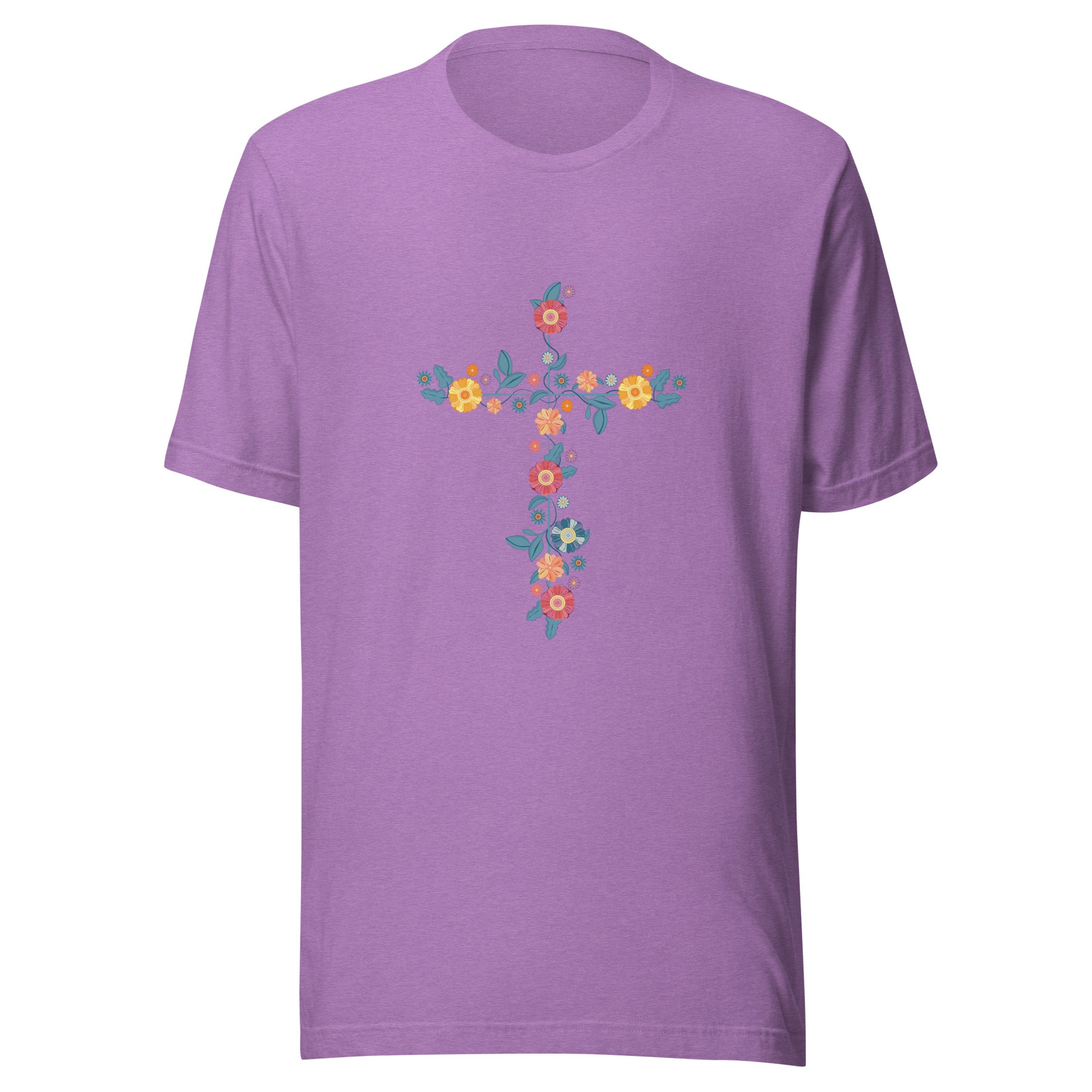 Heather purple unisex short sleeve t-shirt that has a multi-colored delicate floral cross.