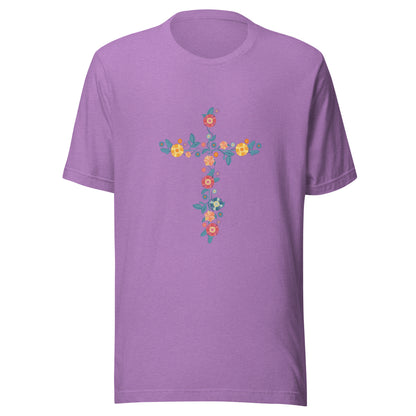 Heather purple unisex short sleeve t-shirt that has a multi-colored delicate floral cross.