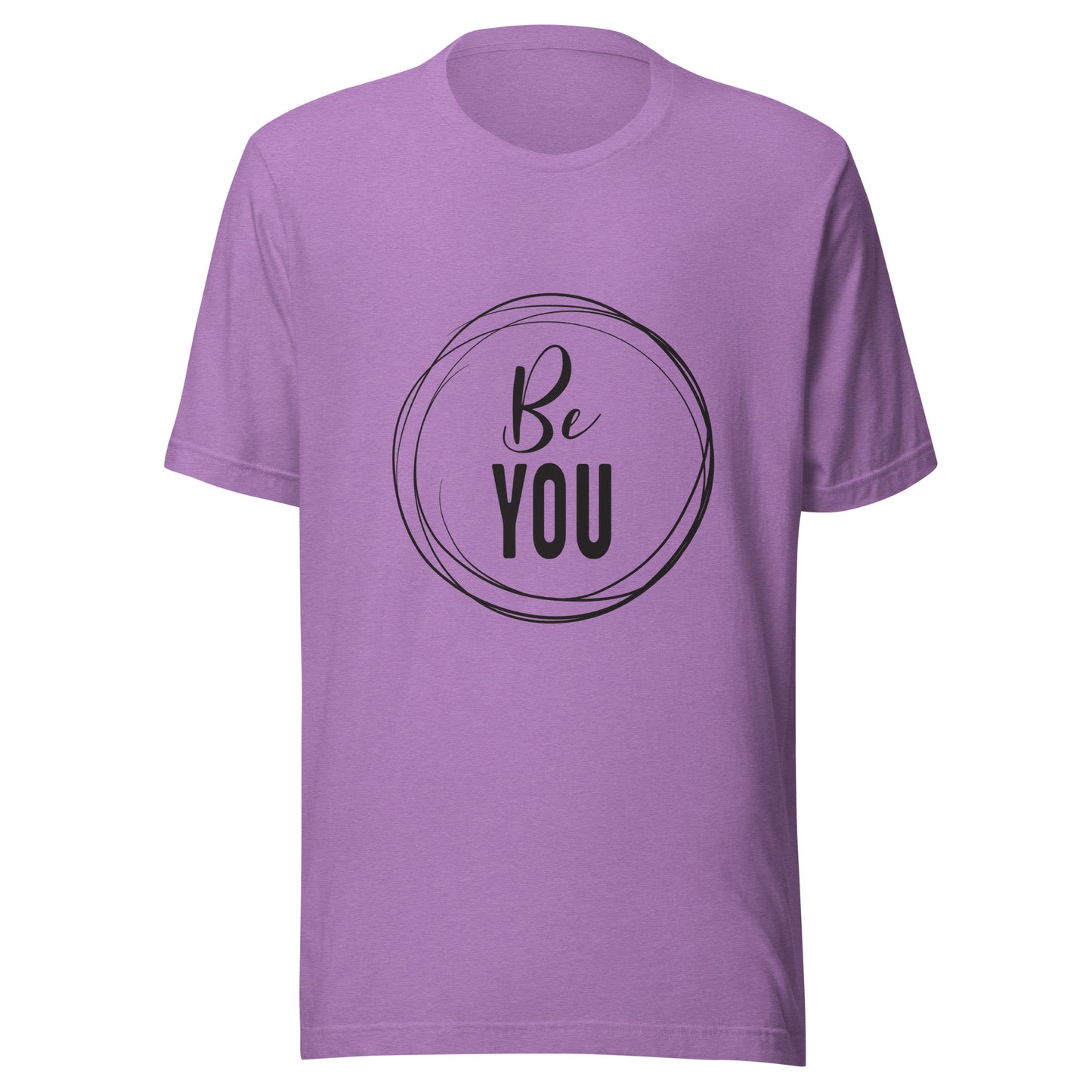 Heather purple unisex short sleeve t-shirt that says 'Be you' inside of a circle.