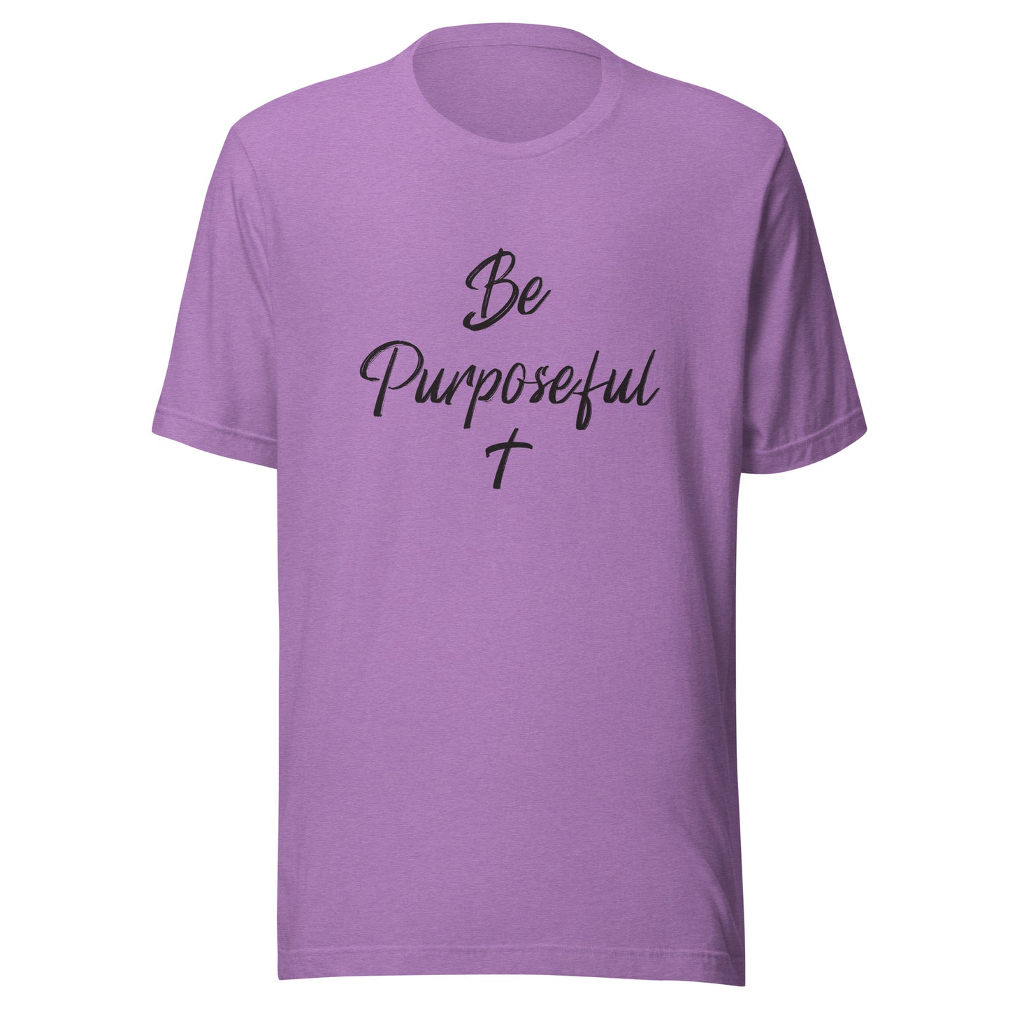 Purple unisex short sleeve t-shirt that says Be Purposeful with a Christian cross under it.