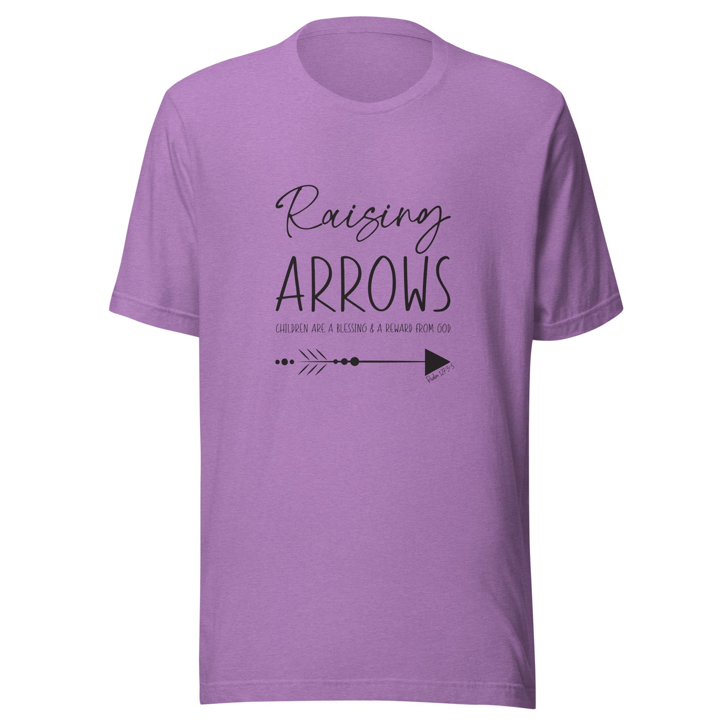 Purple unisex short sleeve t-shirt that says Raising arrows and Psalm 127:3 written above a single arrow.