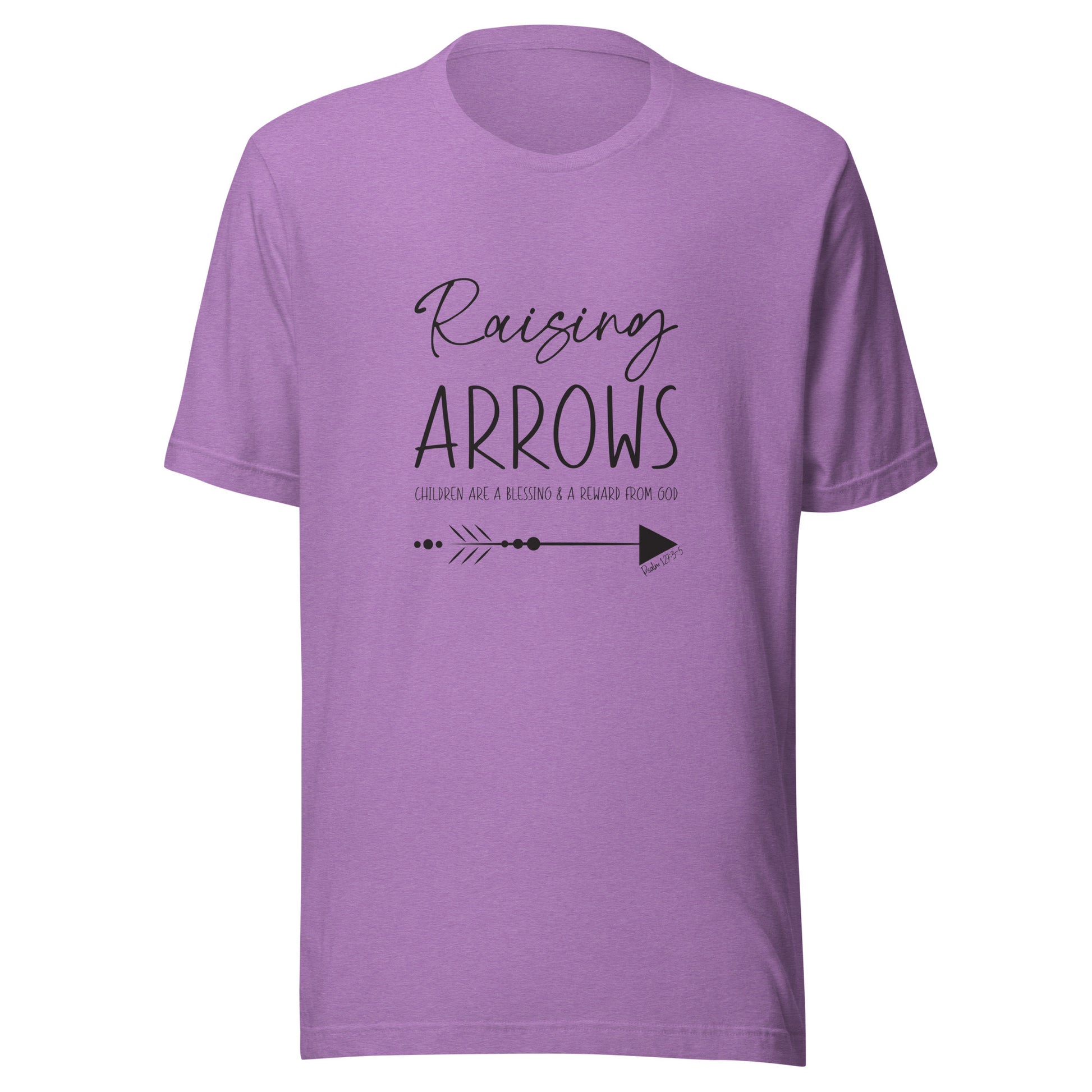 Purple unisex short sleeve t-shirt that says Raising arrows and Psalm 127:3 written above a single arrow.