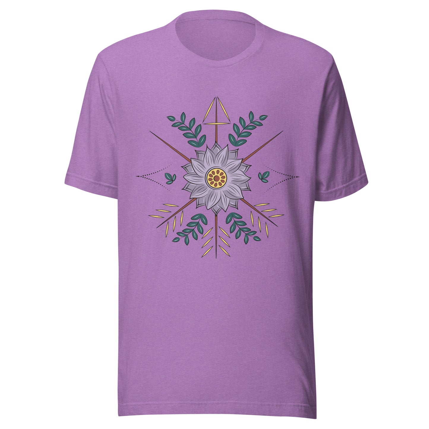 Heather purple unisex short sleeve t-shirt with a purple flower with arrow surrounding it.