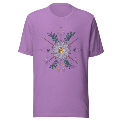 Heather purple unisex short sleeve t-shirt with a purple flower with arrow surrounding it.