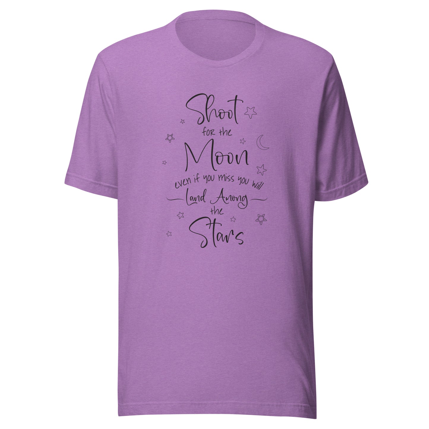 Heather purple unisex t-shirt that says 'Shoot for the moon even if you miss you will land among the stars' with a moon and scattered stars.