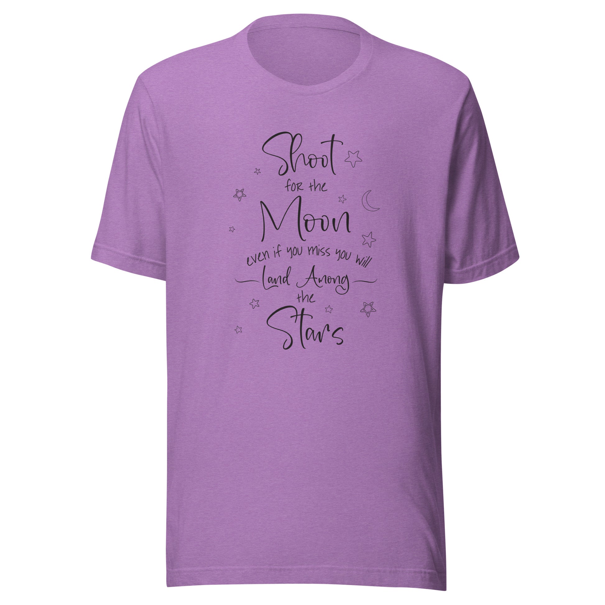 Heather purple unisex t-shirt that says 'Shoot for the moon even if you miss you will land among the stars' with a moon and scattered stars.