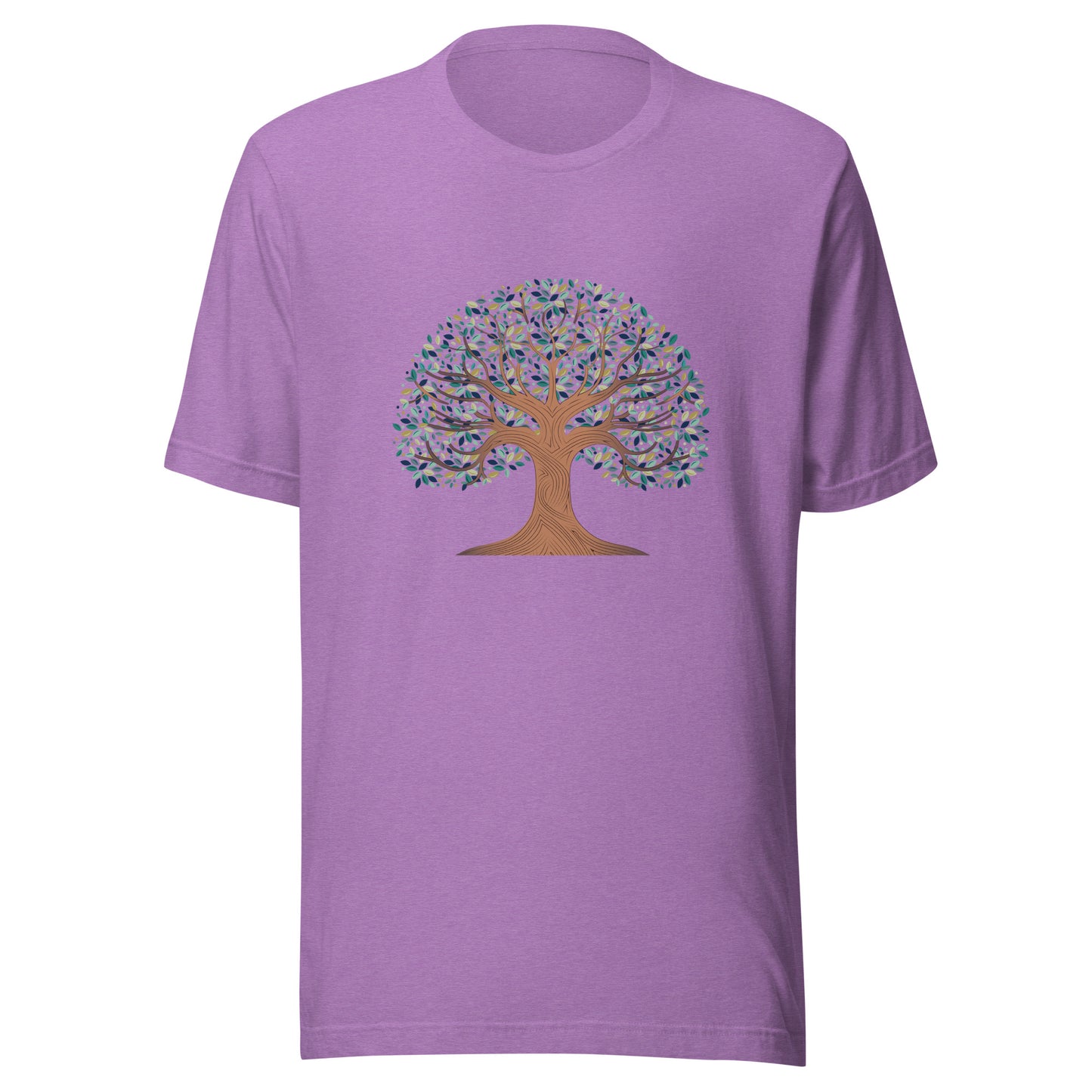 Heather purple unisex t-shirt with a tree of life with colorful leaves. 