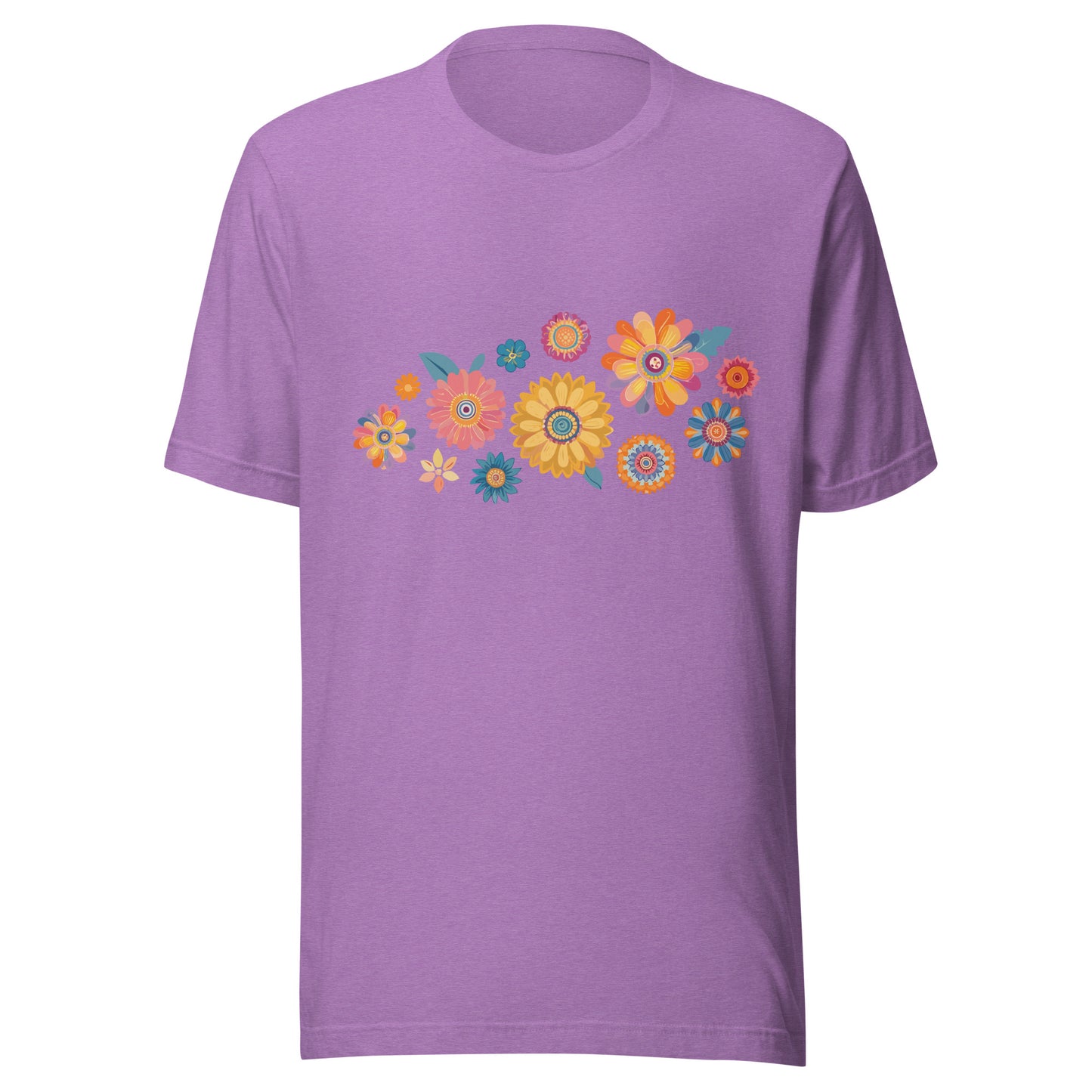 Heather purple short sleeve unisex t-shirt with groovy retro flowers tossed on the front. 