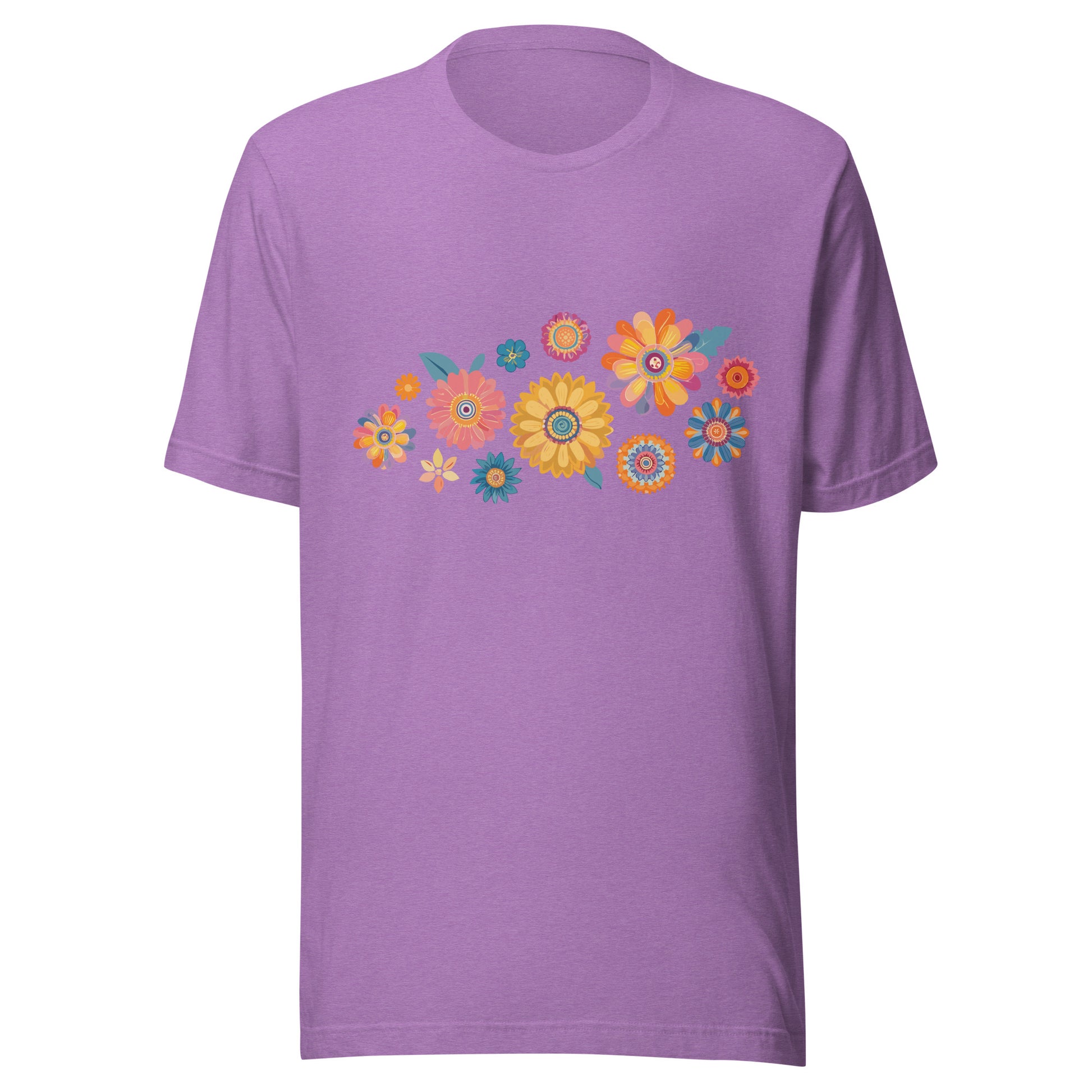 Heather purple short sleeve unisex t-shirt with groovy retro flowers tossed on the front. 