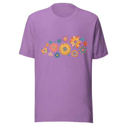 Heather purple short sleeve unisex t-shirt with groovy retro flowers tossed on the front. 