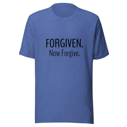Heather royal blue unisex short sleeve t-shirt that states Forgiven Now Forgive.