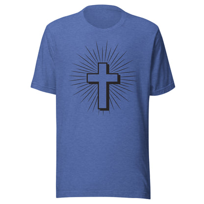 Christian Cross with Sun Rays on a short sleeve heather true royal Unisex T-Shirt.