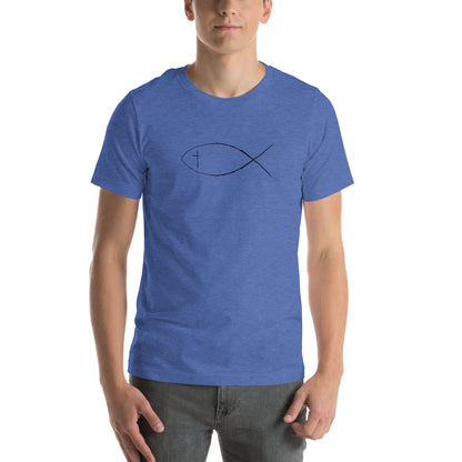 Heather true royal Unisex short sleeve t-shirt with Christan fish and cross. 