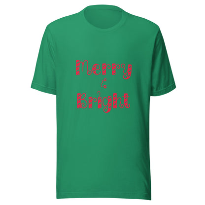 Merry & Bright typography Christmas Unisex T-shirt in green.