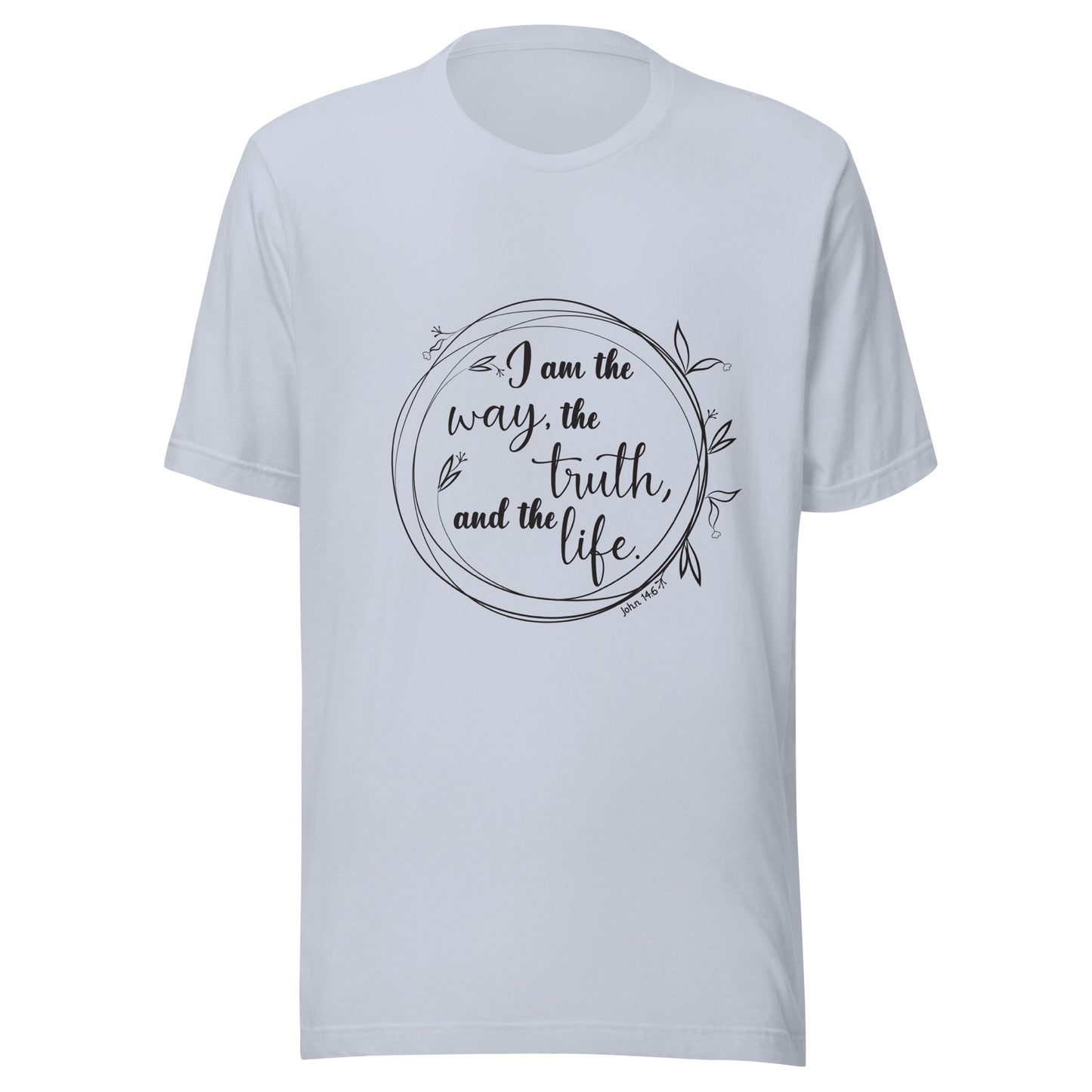 Light blue unisex short sleeve t-shirt with John 14:6 scripture written in a viney circle.