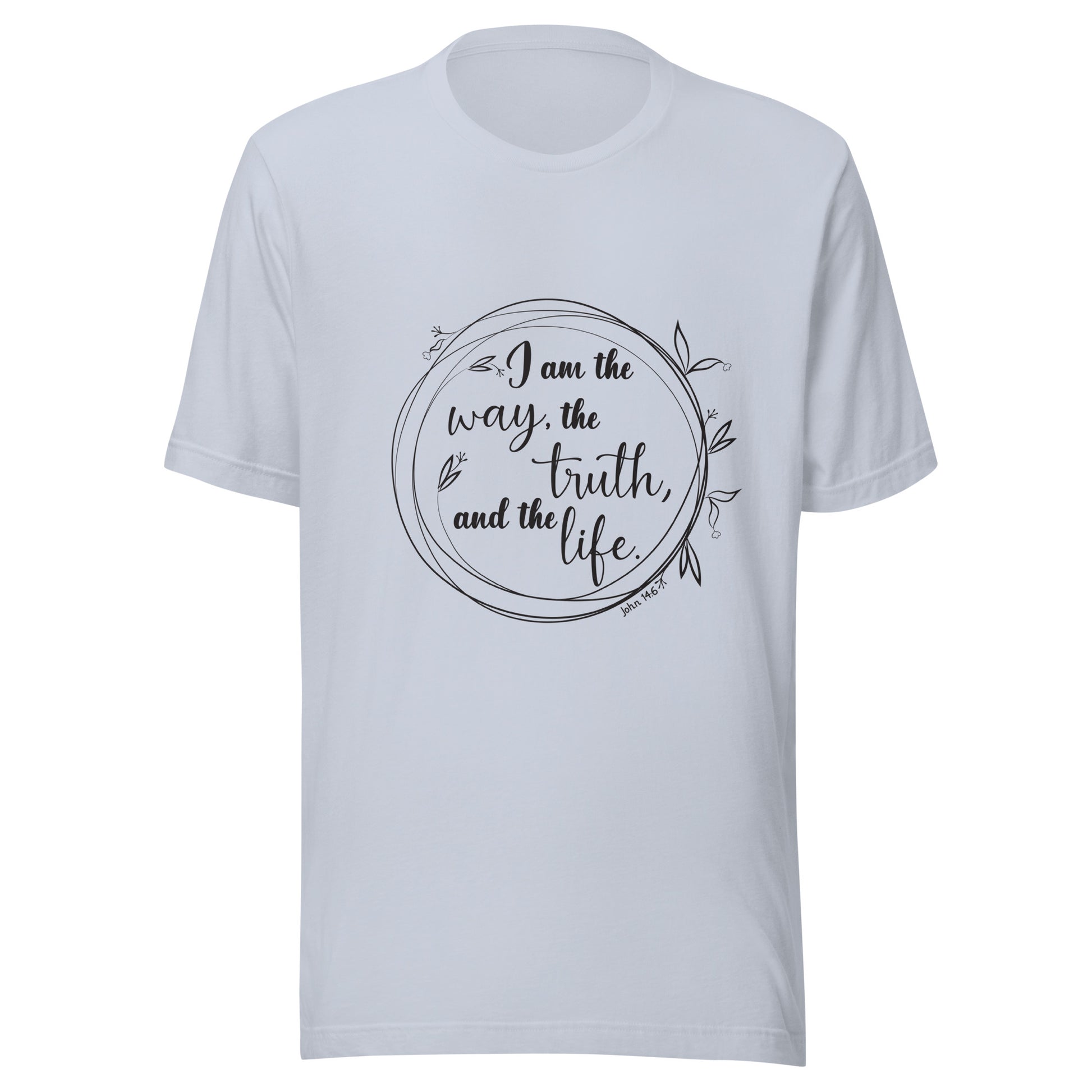 Light blue unisex short sleeve t-shirt with John 14:6 scripture written in a viney circle.
