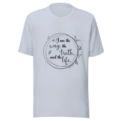 Light blue unisex short sleeve t-shirt with John 14:6 scripture written in a viney circle.