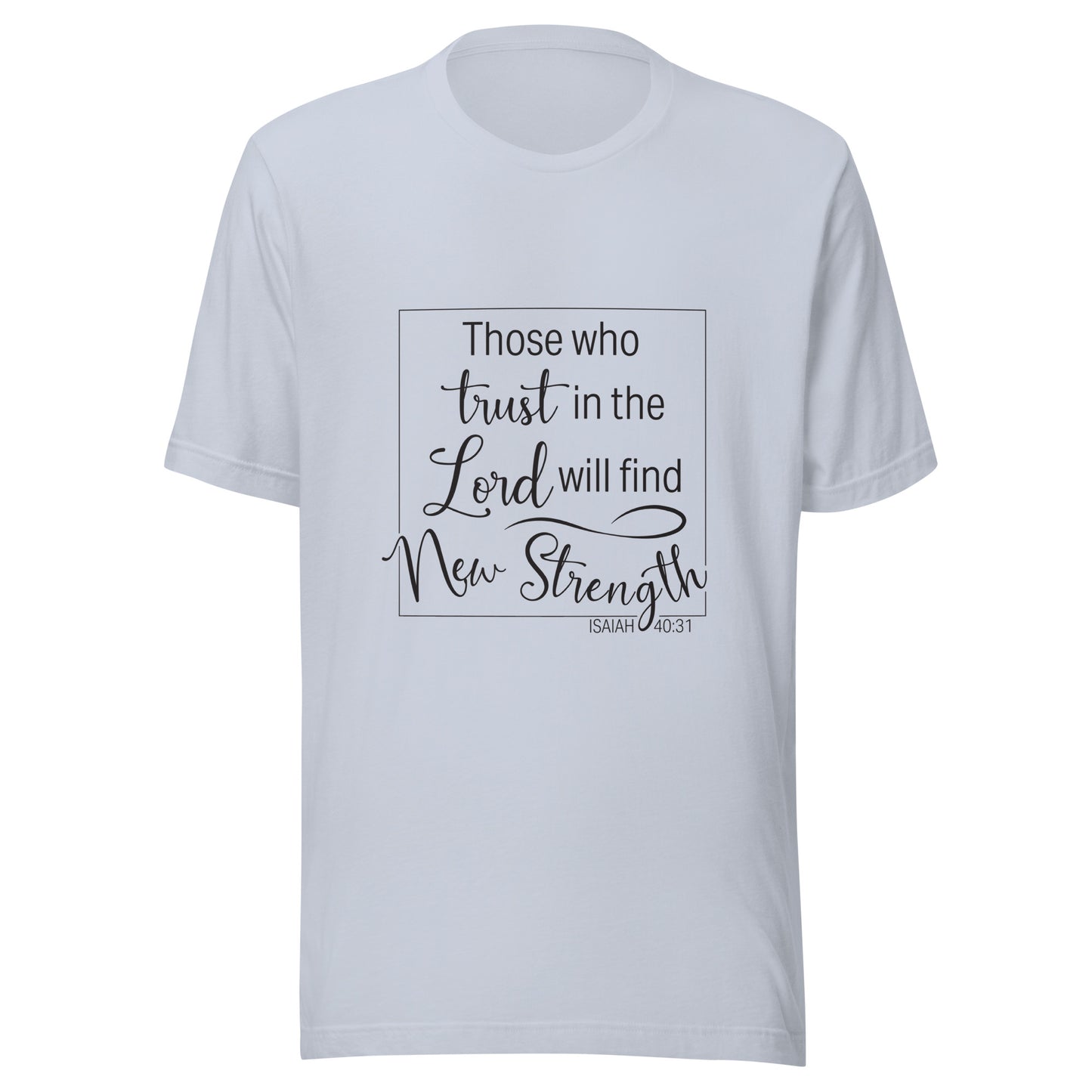 Light blue unisex short sleeve t-shirt with Isaiah 40:31 scripture written in a square.