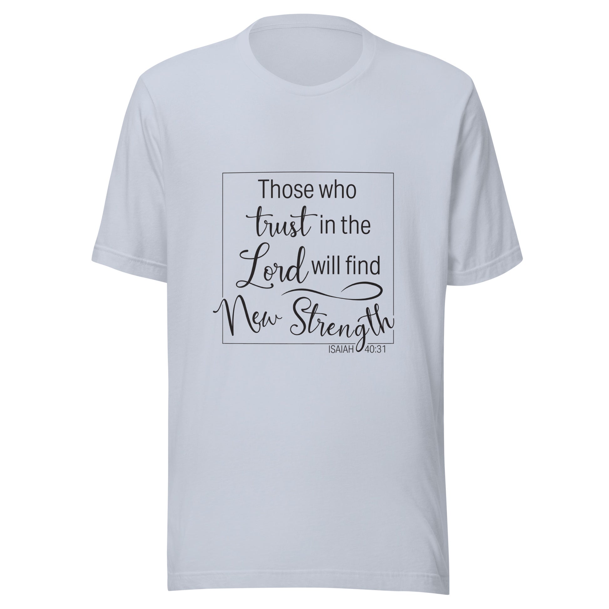 Light blue unisex short sleeve t-shirt with Isaiah 40:31 scripture written in a square.