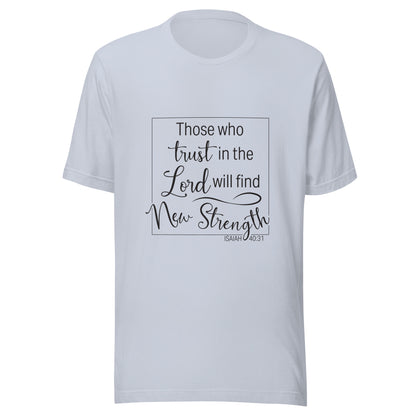 Light blue unisex short sleeve t-shirt with Isaiah 40:31 scripture written in a square.