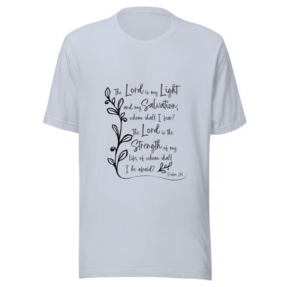 Light blue unisex short sleeve t-shirt with Psalm 27:1 scripture with a vine up one side of the words.