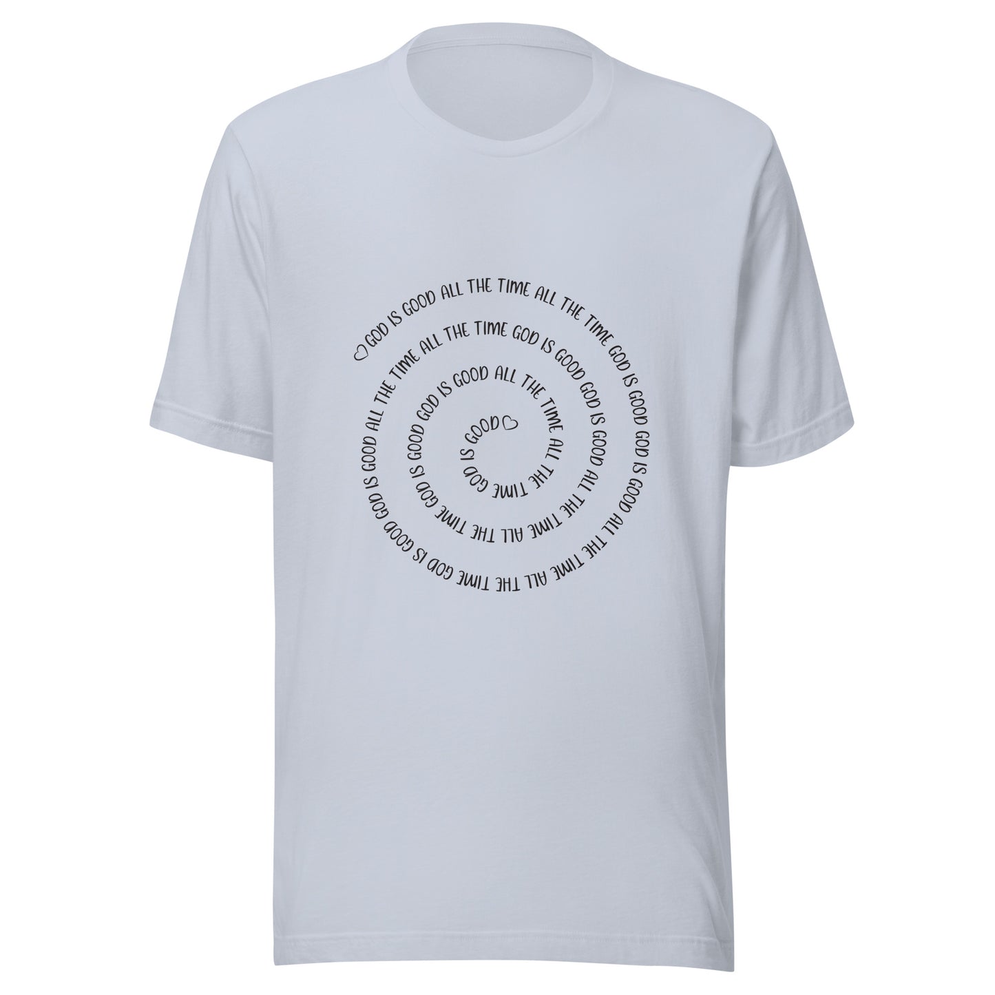 Light blue short sleeve t-shirt that has a spiral of the words 'God is good all the time all the time God is good', with two small hearts one at the start of the spiral and one at the end in the middle.