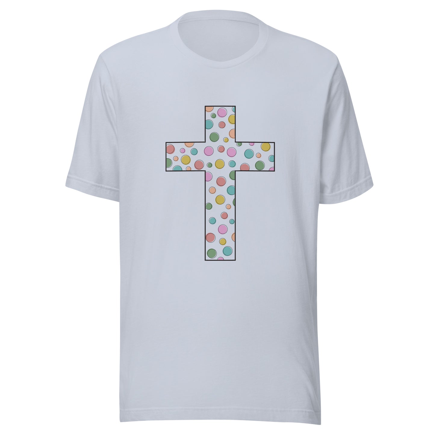 Light blue unisex short sleeve t-shirt that has a cute multi-colored polka dot cross on the front. 