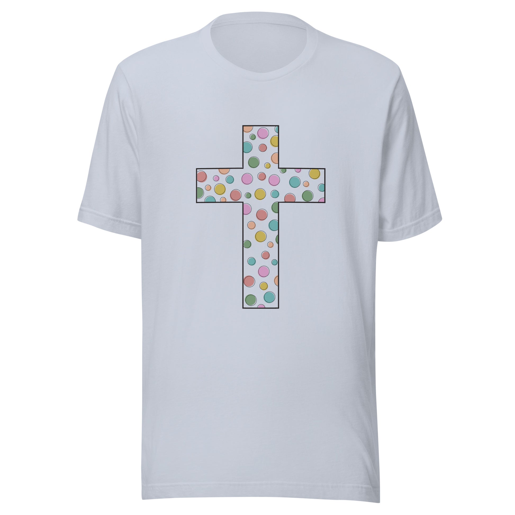 Light blue unisex short sleeve t-shirt that has a cute multi-colored polka dot cross on the front. 