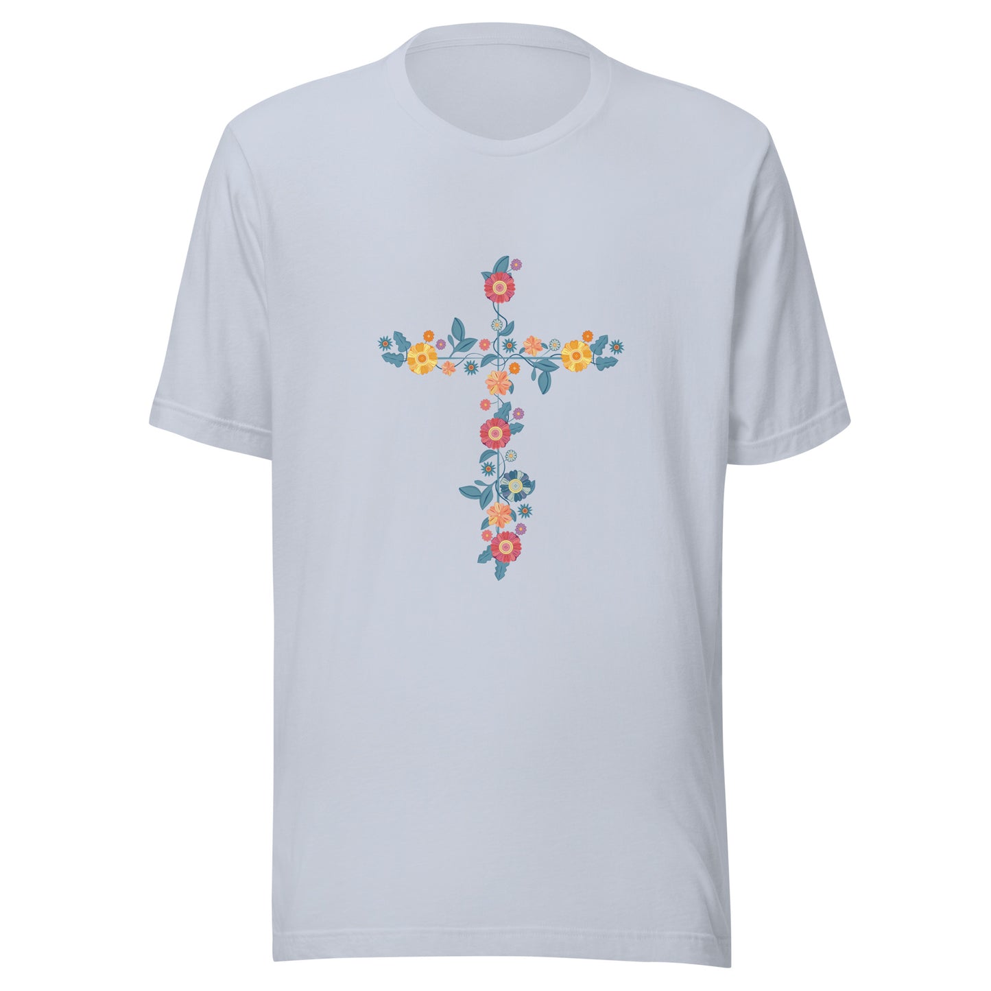 Light blue unisex short sleeve t-shirt that has a multi-colored delicate floral cross.