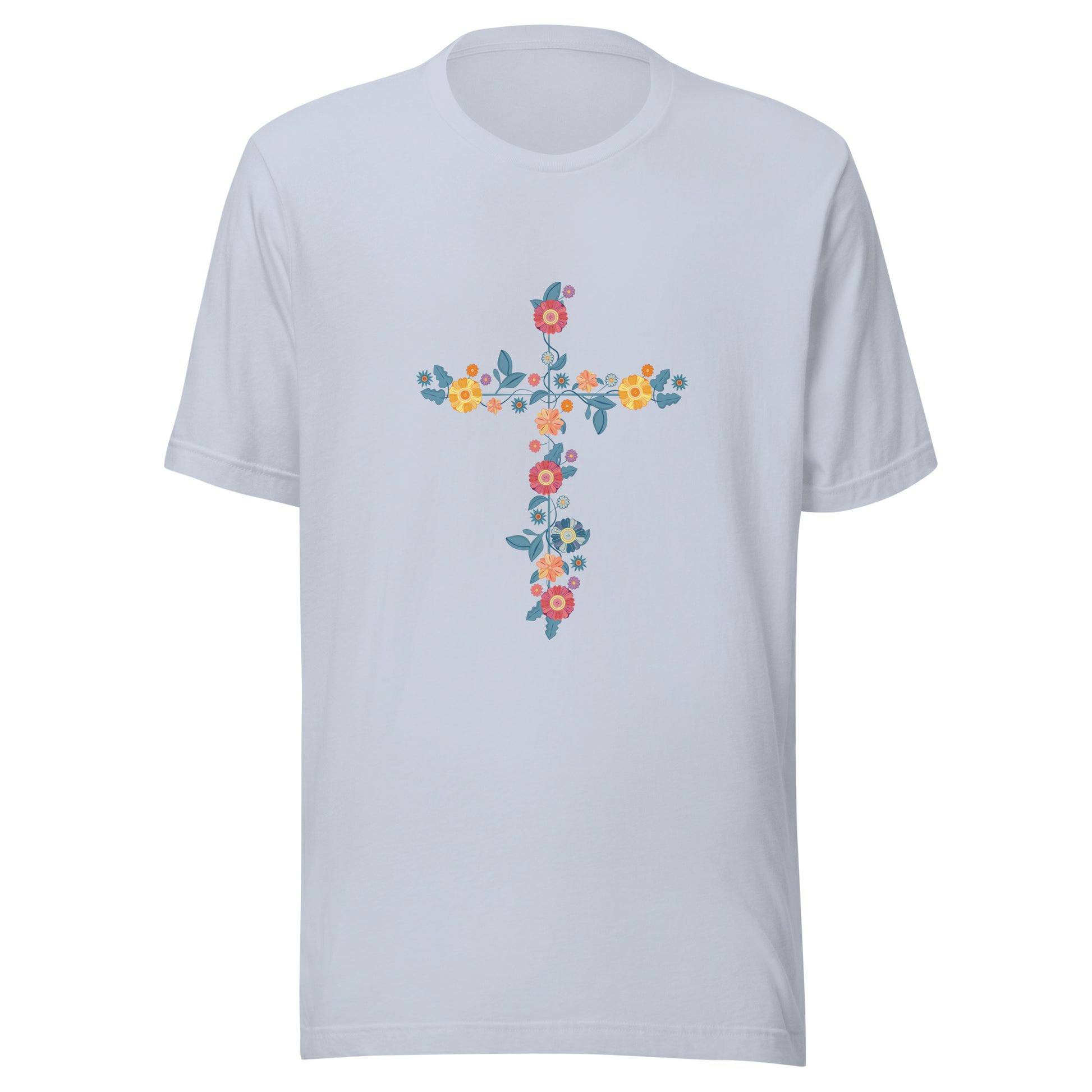 Light blue unisex short sleeve t-shirt that has a multi-colored delicate floral cross.