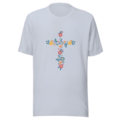 Light blue unisex short sleeve t-shirt that has a multi-colored delicate floral cross.