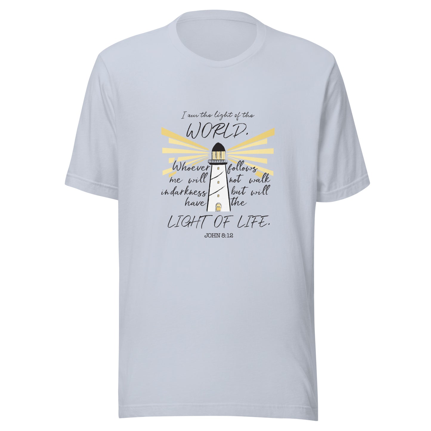 Light blue unisex short sleeve t-shirt that has John 8:12 scripture featuring a light house with light rays coming from it. 
