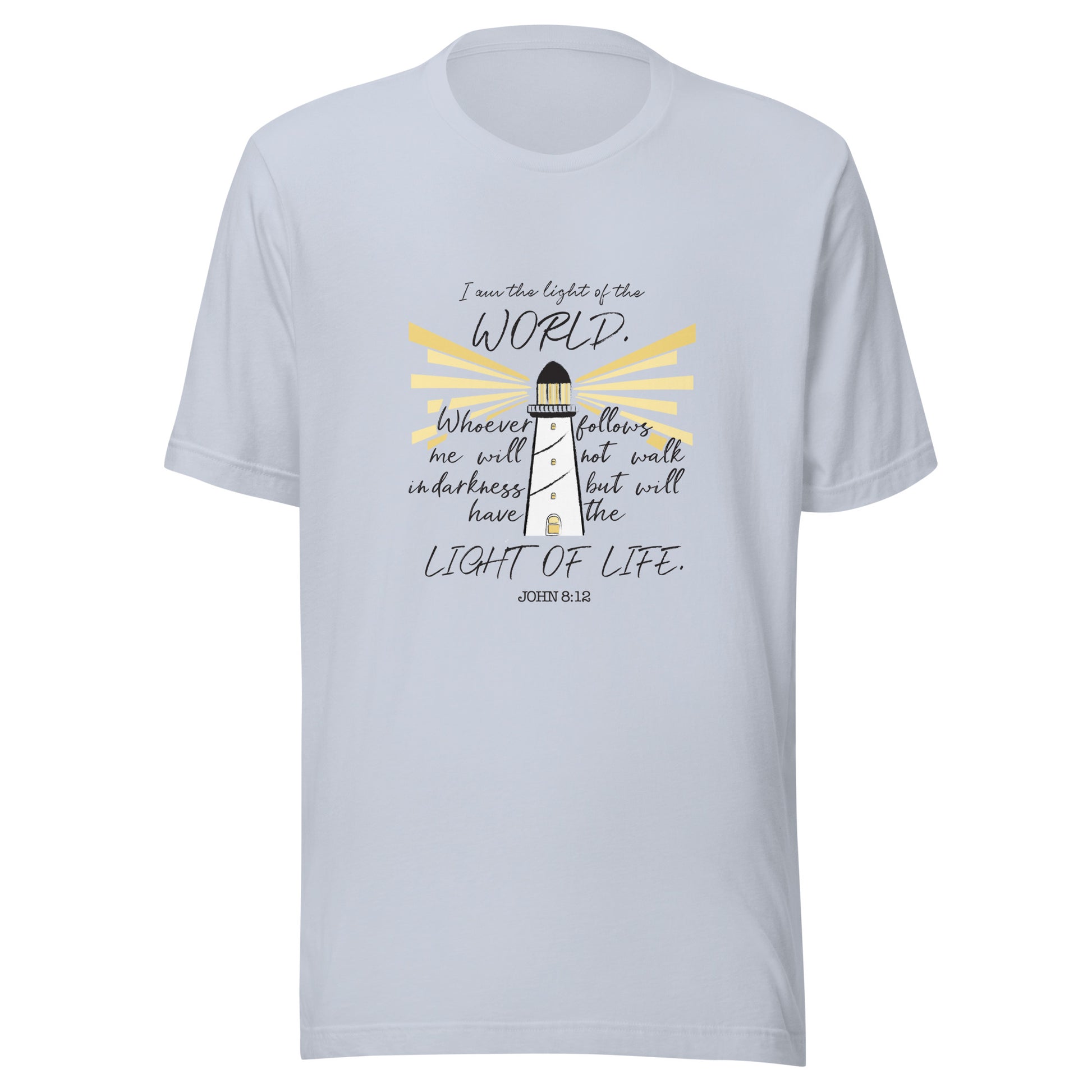 Light blue unisex short sleeve t-shirt that has John 8:12 scripture featuring a light house with light rays coming from it. 